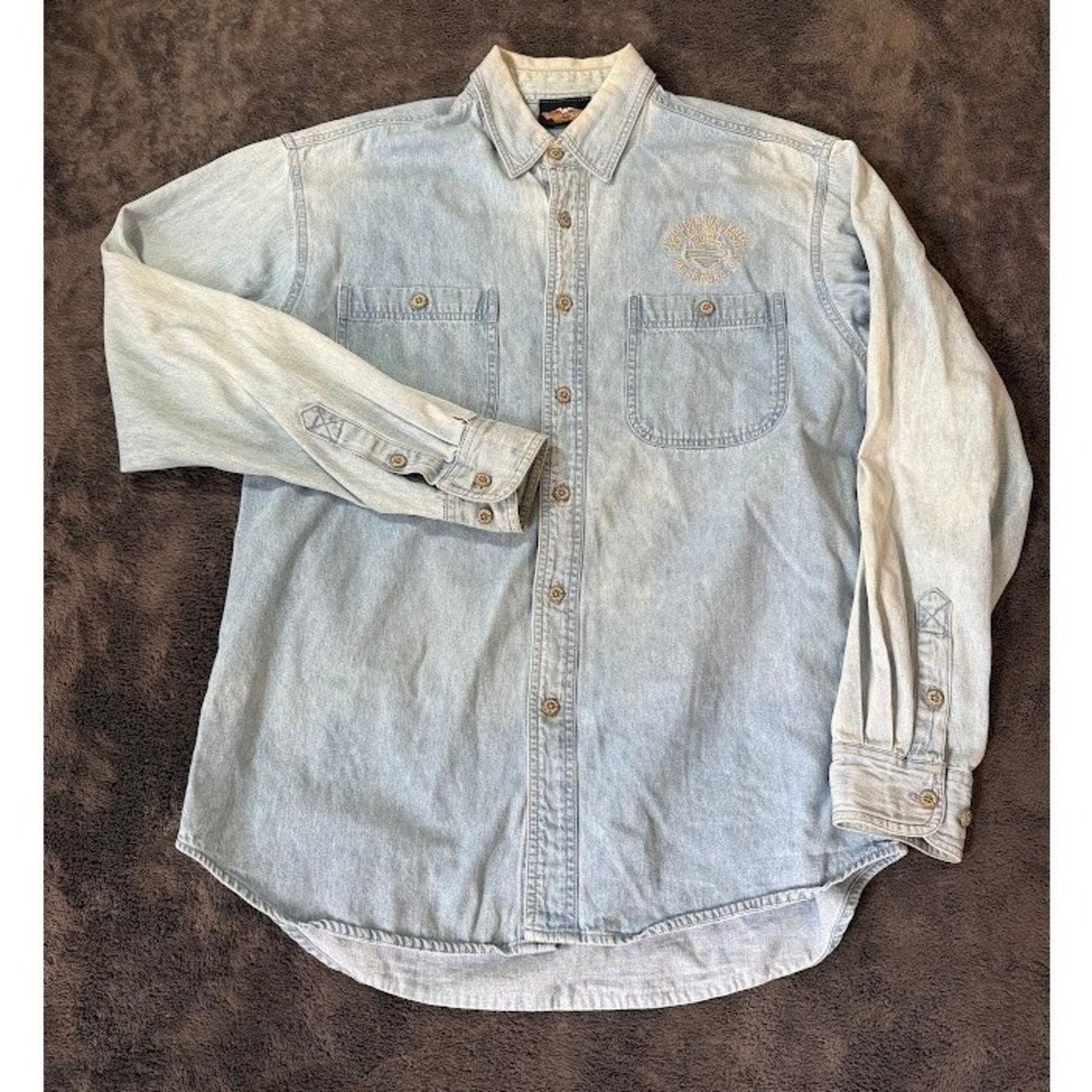 Harley Davidson Mens Denim Shirt Light Wash Embroidered Logo Long Sleeve Size M